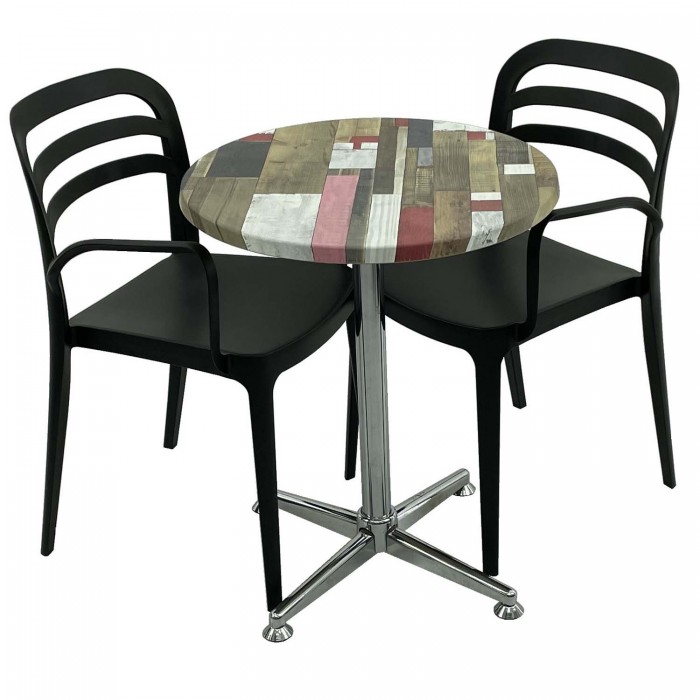 Set mobila de terasa, restaurant Raki Redden Wood, masa rotunda D60cm cu blat werzalit si baza crom clasica, 2 scaune negre ASPENDOS cu brate