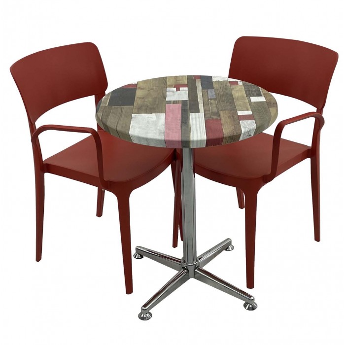 Set mobila de terasa, restaurant RAKI Redden Wood, masa rotunda D60cm cu blat werzalit si baza crom clasica, 2 scaune rosii PANORA cu brate