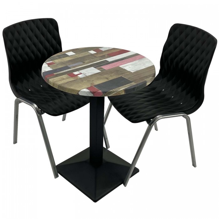 Set mobila de terasa, restaurant RAKI Redden Wood, masa rotunda D60cm cu blat werzalit si baza metalica culoare neagra, 2 scaune ROYAL negre
