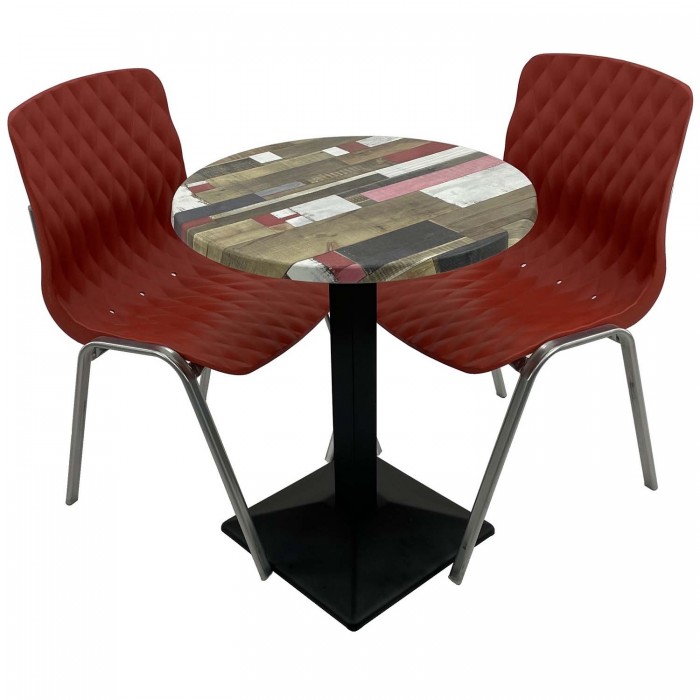 Set mobila de terasa, restaurant RAKI Redden Wood, masa rotunda D60cm cu blat werzalit si baza metalica culoare neagra, 2 scaune ROYAL rosii