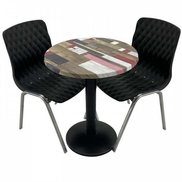 Set mobila de terasa, restaurant RAKI Redden Wood, masa rotunda D60cm cu blat werzalit si baza metalica neagra, 2 scaune ROYAL negre