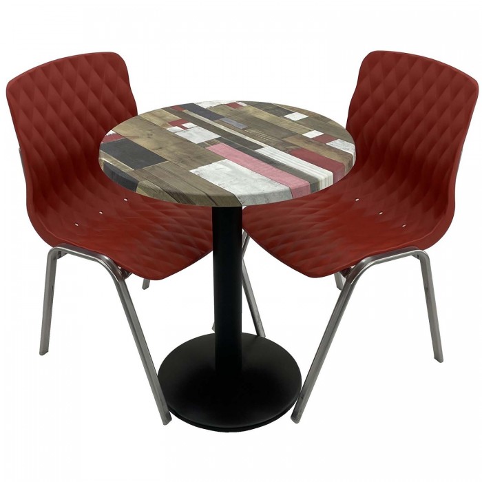 Set mobila de terasa, restaurant RAKI Redden Wood, masa rotunda D60cm cu blat werzalit si baza metalica neagra, 2 scaune ROYAL rosii
