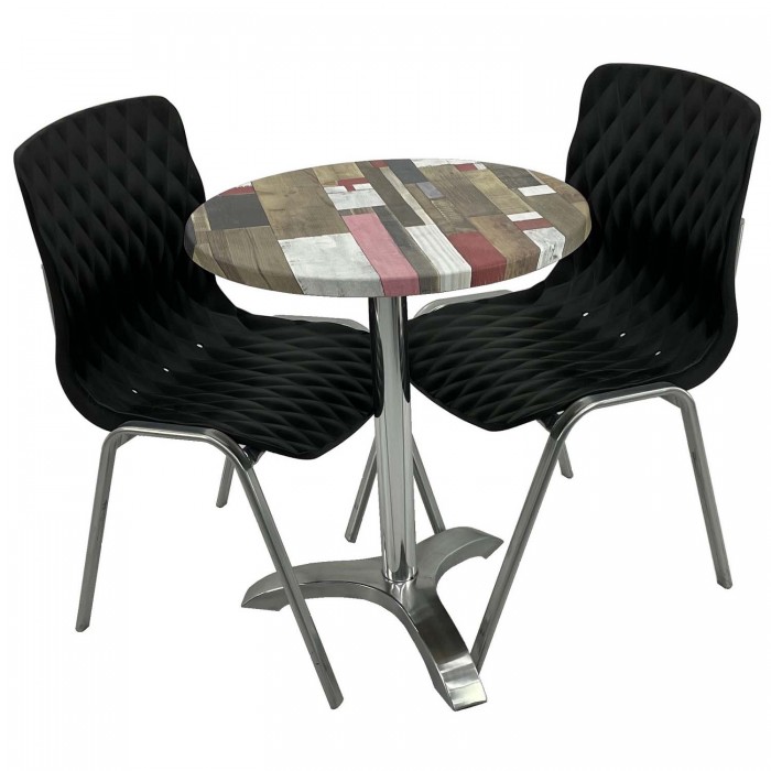 Set mobila de terasa, restaurant RAKI Redden Wood, masa rotunda D60cm cu blat werzalit si picior aluminiu, 2 scaune ROYAL negre