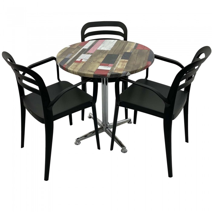 Set mobila de terasa, restaurant Raki Redden Wood, masa rotunda D70cm cu blat werzalit si baza clasica, 3 scaune negre ASPENDOS cu brate