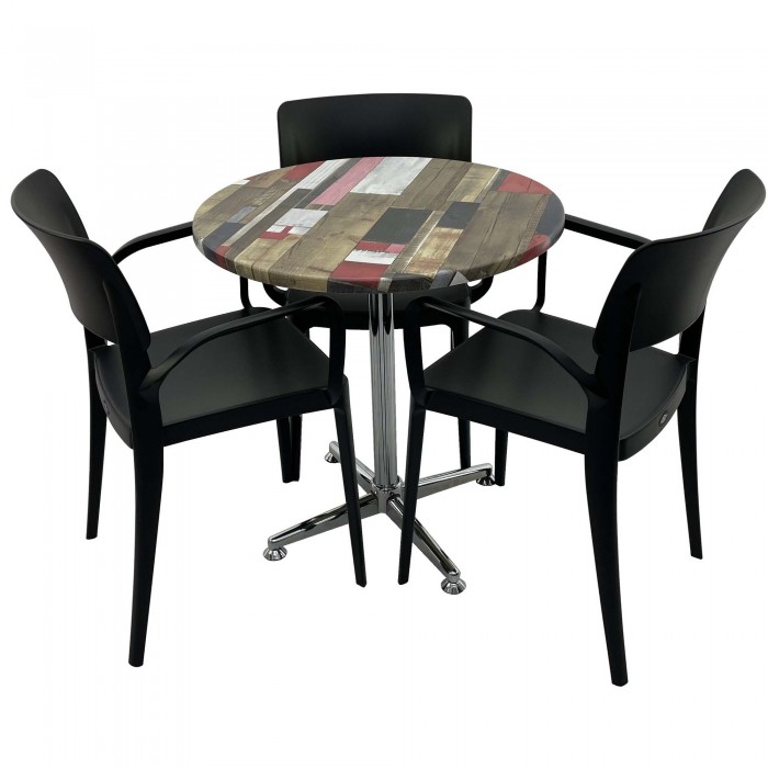 Set mobila de terasa, restaurant RAKI Redden Wood, masa rotunda D70cm cu blat werzalit si baza crom clasica, 3 scaune negre PANORA cu brate