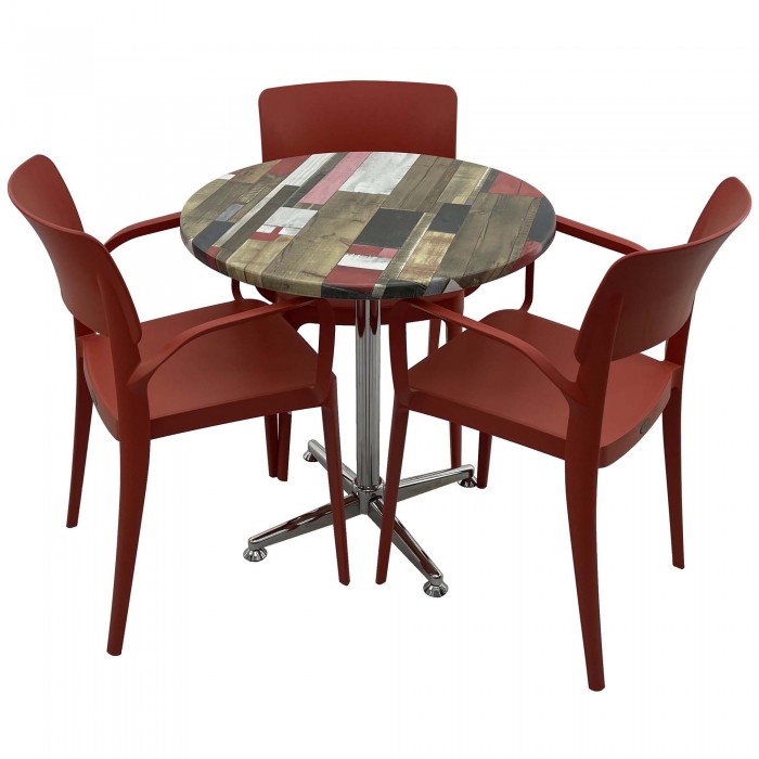 Set mobila de terasa, restaurant RAKI Redden Wood, masa rotunda D70cm cu blat werzalit si baza crom clasica, 3 scaune rosii PANORA cu brate