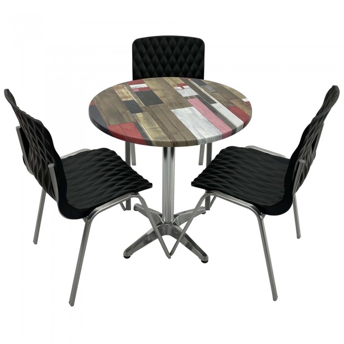 Set mobila de terasa, restaurant RAKI Redden Wood, masa rotunda D70cm cu blat werzalit si baza din aluminiu, 3 scaune ROYAL negre