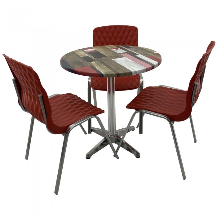 Set mobila de terasa, restaurant RAKI Redden Wood, masa rotunda D70cm cu blat werzalit si baza din aluminiu, 3 scaune ROYAL rosii