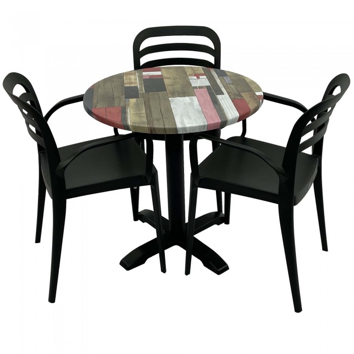 Set mobila de terasa, restaurant Raki Redden Wood, masa rotunda D70cm cu blat werzalit si baza metalica, 3 scaune negre ASPENDOS cu brate