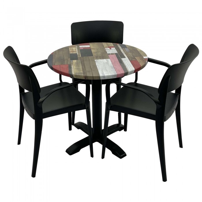 Set mobila de terasa, restaurant RAKI Redden Wood, masa rotunda D70cm cu blat werzalit si baza metalica, 3 scaune negre PANORA cu brate