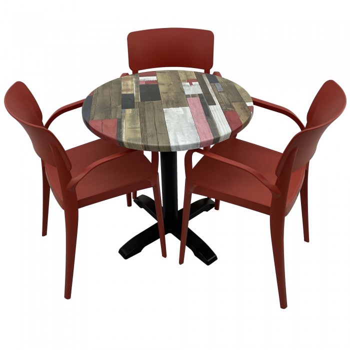Set mobila de terasa, restaurant RAKI Redden Wood, masa rotunda D70cm cu blat werzalit si baza metalica, 3 scaune rosii PANORA cu brate