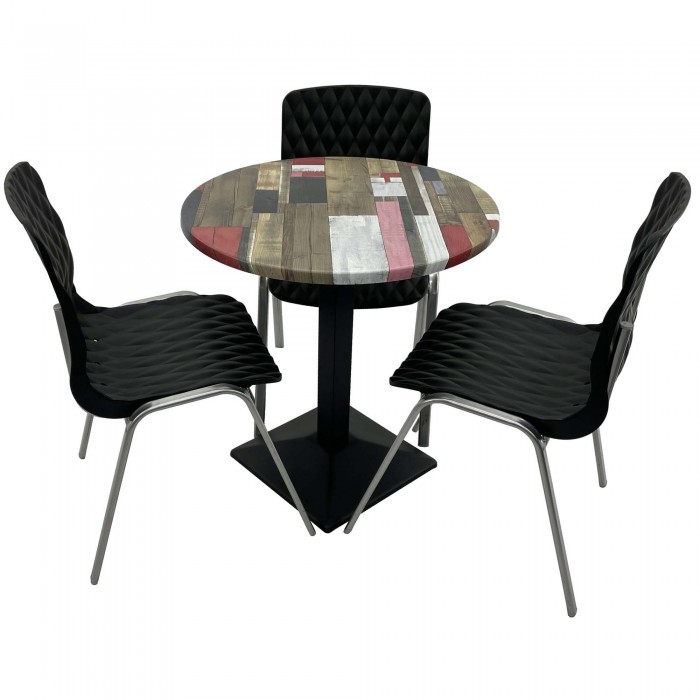 Set mobila de terasa, restaurant RAKI Redden Wood, masa rotunda D70cm cu blat werzalit si baza metalica culoare neagra, 3 scaune ROYAL negre