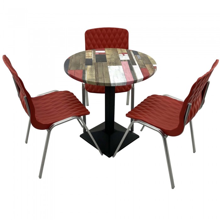 Set mobila de terasa, restaurant RAKI Redden Wood, masa rotunda D70cm cu blat werzalit si baza metalica culoare neagra, 3 scaune ROYAL rosii