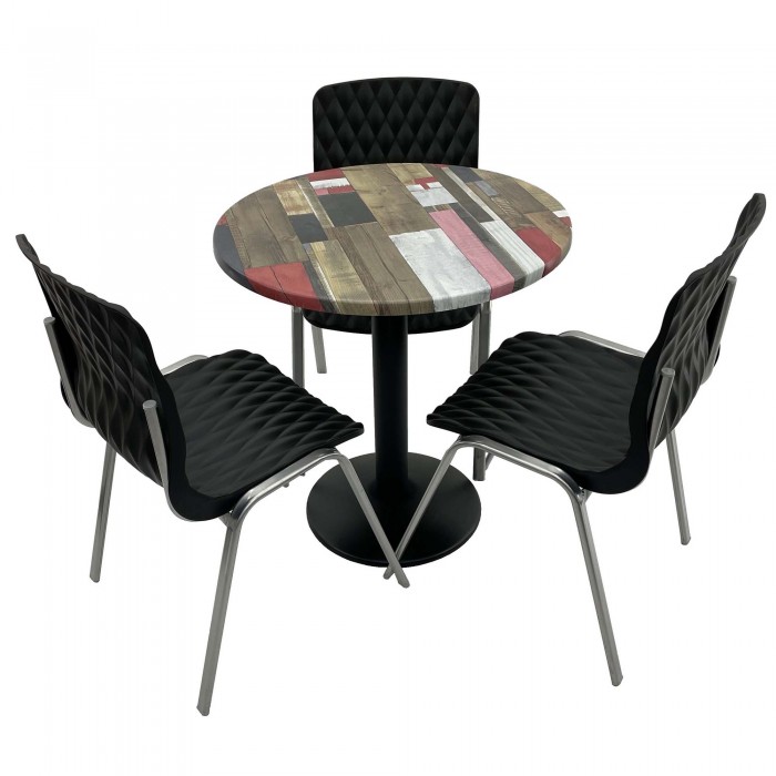 Set mobila de terasa, restaurant RAKI Redden Wood, masa rotunda D70cm cu blat werzalit si baza metalica neagra, 3 scaune ROYAL negre