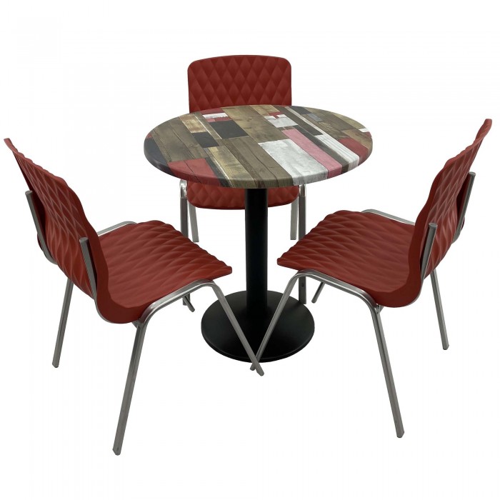 Set mobila de terasa, restaurant RAKI Redden Wood, masa rotunda D70cm cu blat werzalit si baza metalica neagra, 3 scaune ROYAL rosii