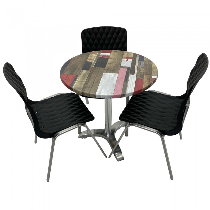 Set mobila de terasa, restaurant RAKI Redden Wood, masa rotunda D70cm cu blat werzalit si picior aluminiu, 3 scaune ROYAL negre