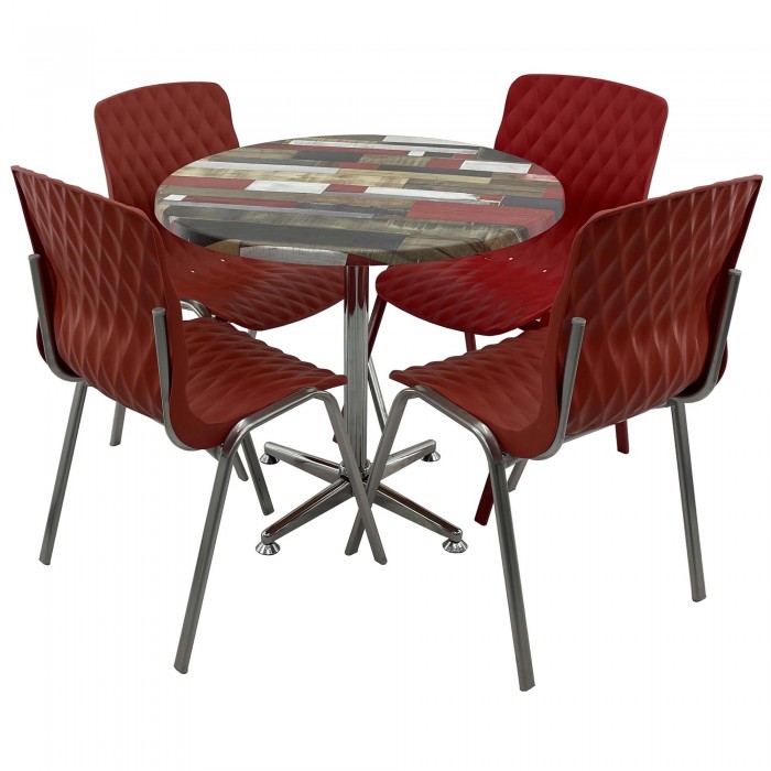Set mobila de terasa, restaurant RAKI Redden Wood, masa rotunda D80cm cu blat werzalit si baza clasica, 4 scaune ROYAL rosii