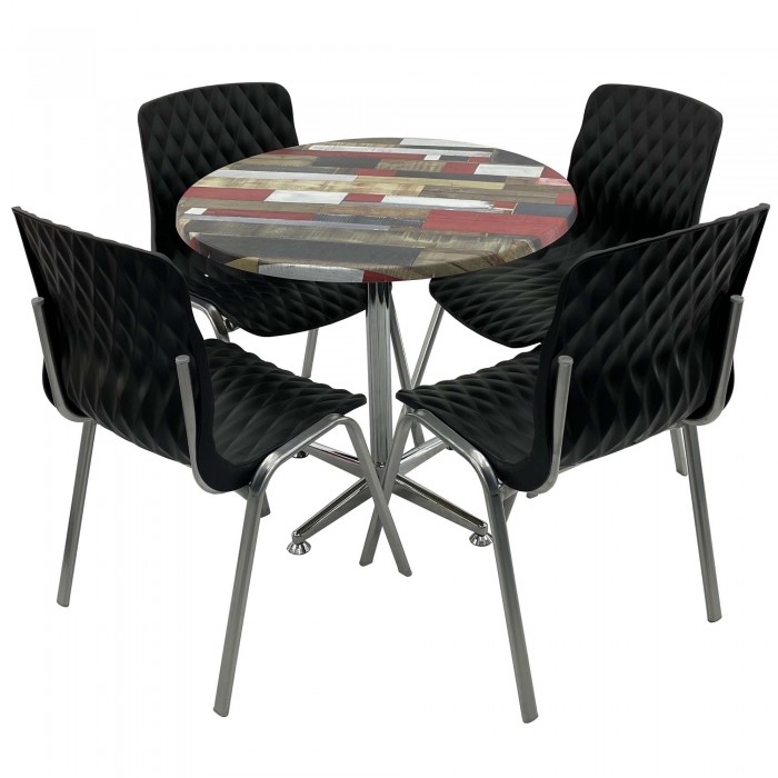 Set mobila de terasa, restaurant RAKI Redden Wood, masa rotunda D80cm cu blat werzalit si baza crom clasica, 4 scaune ROYAL negre