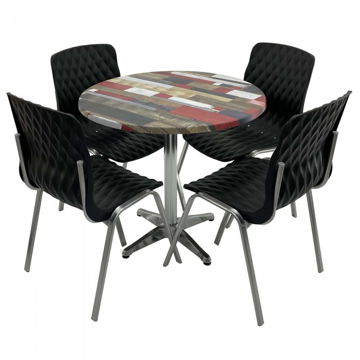 Set mobila de terasa, restaurant RAKI Redden Wood, masa rotunda D80cm cu blat werzalit si baza din aluminiu, 4 scaune ROYAL negre