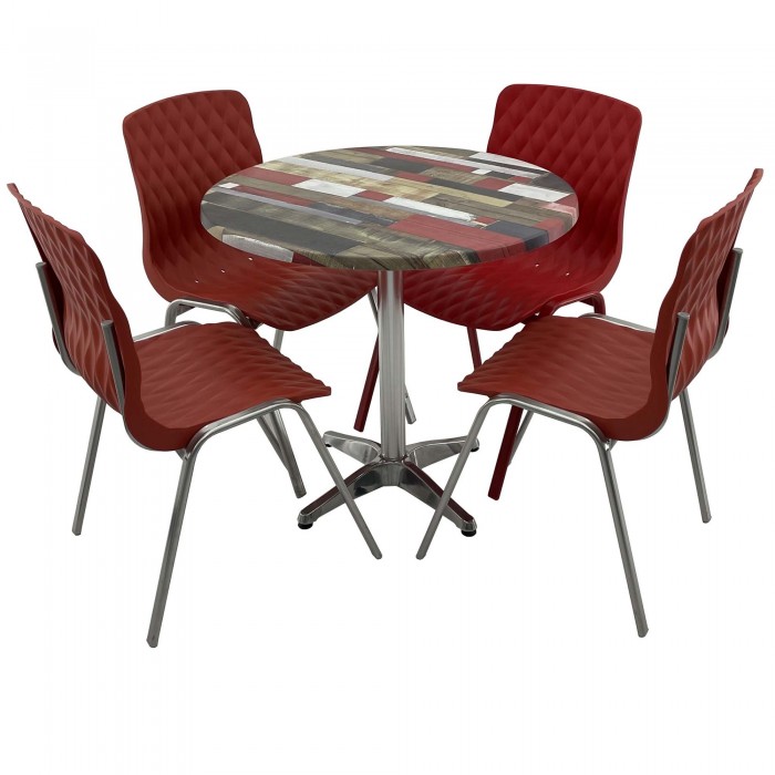 Set mobila de terasa, restaurant RAKI Redden Wood, masa rotunda D80cm cu blat werzalit si baza din aluminiu, 4 scaune ROYAL rosii