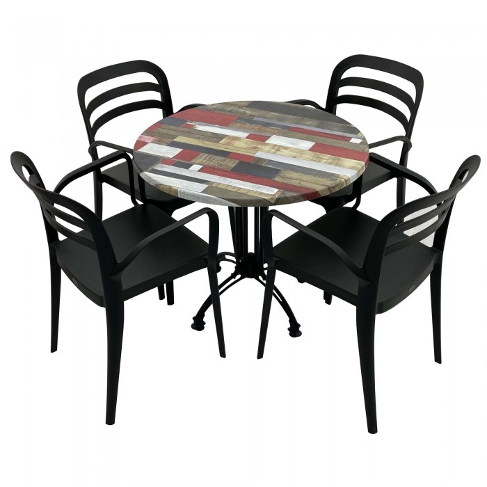 Set mobila de terasa, restaurant Raki Redden Wood, masa rotunda D80cm cu blat werzalit si baza retro clasica, 4 scaune negre ASPENDOS cu brate
