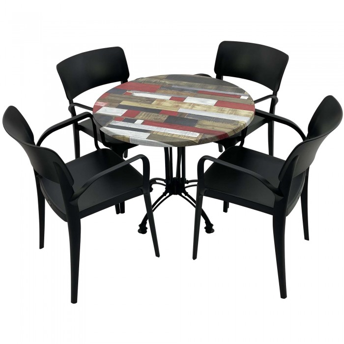 Set mobila de terasa, restaurant RAKI Redden Wood, masa rotunda D80cm cu blat werzalit si baza retro clasica, 4 scaune negre PANORA cu brate