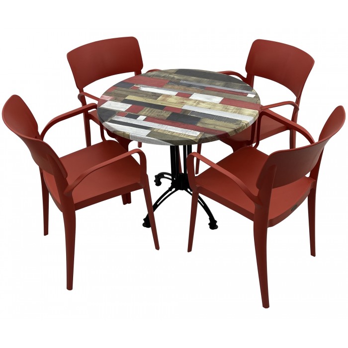 Set mobila de terasa, restaurant RAKI Redden Wood, masa rotunda D80cm cu blat werzalit si baza retro clasica, 4 scaune rosii PANORA cu brate