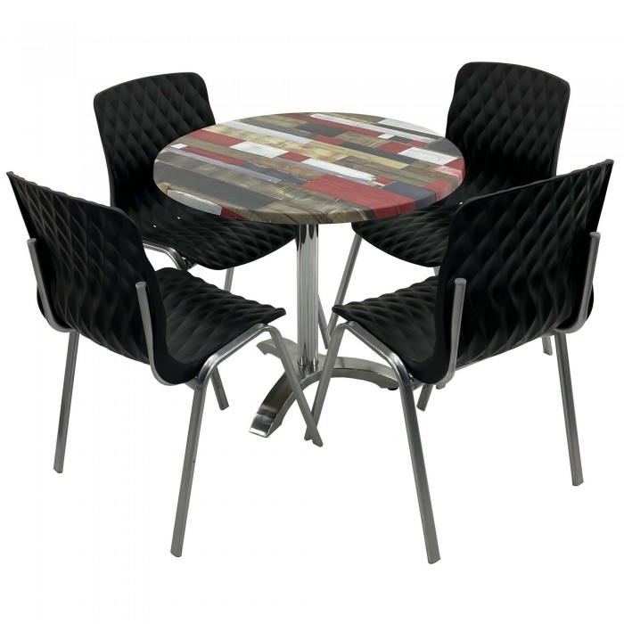 Set mobila de terasa, restaurant RAKI Redden Wood, masa rotunda D80cm cu blat werzalit si picior aluminiu, 4 scaune ROYAL negre