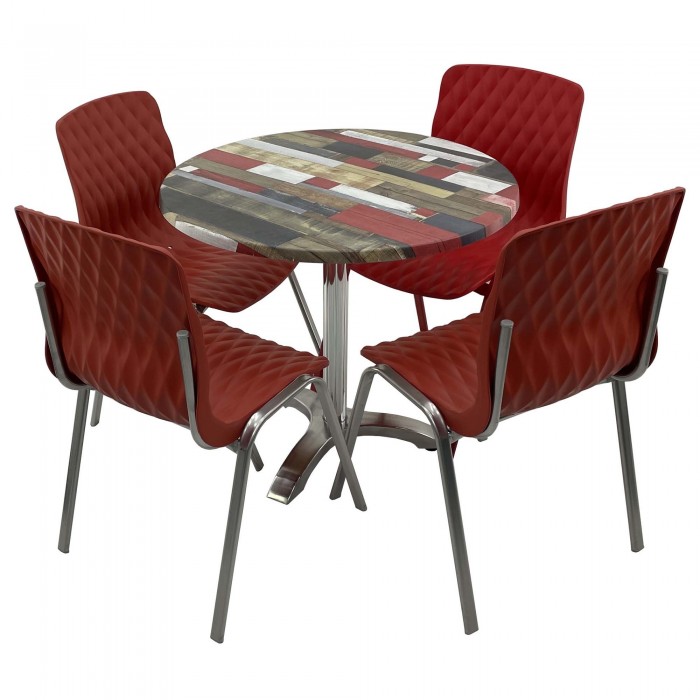 Set mobila de terasa, restaurant RAKI Redden Wood, masa rotunda D80cm cu blat werzalit si picior aluminiu, 4 scaune ROYAL rosii