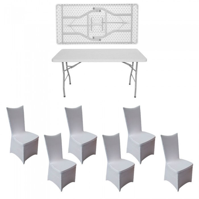 Set mobila evenimente/catering RAKI, masa pliabila dreptunghiulara 152x76xh73,5cm cu blat complet si 6 scaune 44x42xh92cm cu huse textile, plastic/metal, alb