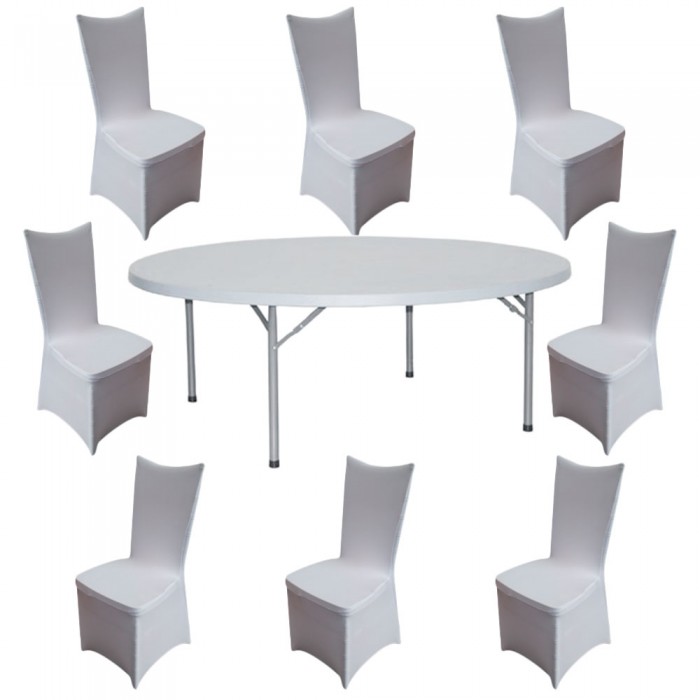 Set mobila evenimente/catering RAKI, masa pliabila rotunda D180xh74cm si 8 scaune 44x42xh92cm cu huse textile, plastic/metal, alb