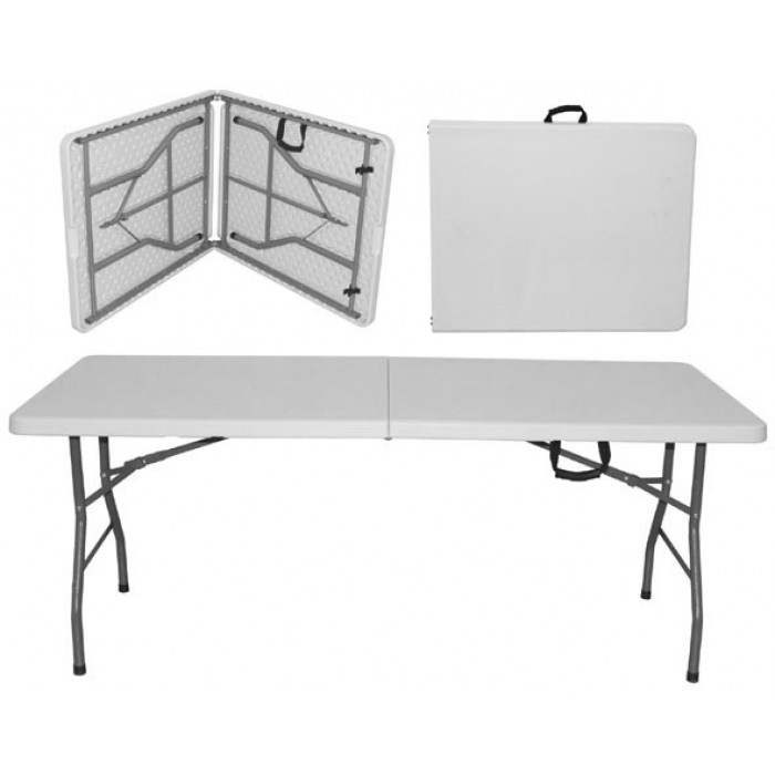 Set mobila evenimente/catering RAKI, masa pliabila tip valiza dreptunghiulara 180x76xh73,5cm si 8 scaune 44x42xh92cm, plastic/metal, alb