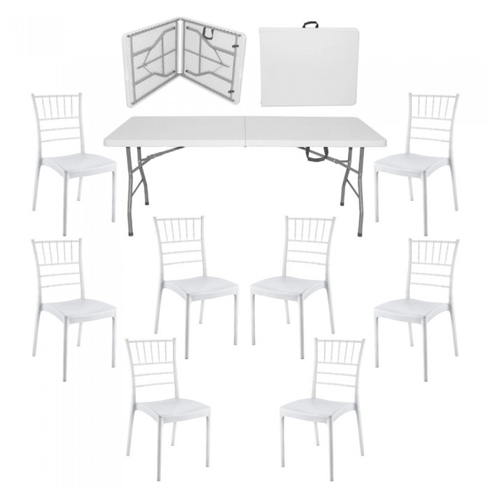 Set mobila evenimente/catering RAKI, masa pliabila tip valiza dreptunghiulara 180x76xh73,5cm si 8 scaune 44x42xh92cm, plastic/metal, alb