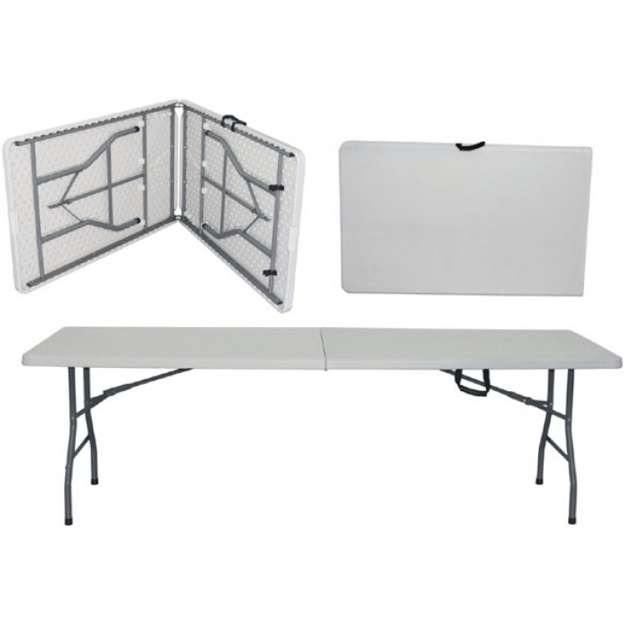 Set mobila evenimente/catering RAKI, masa pliabila tip valiza dreptunghiulara 244x76xh74cm si 10 scaune 44x42xh92cm cu huse textile, plastic/metal, alb