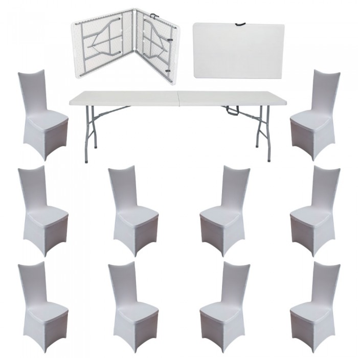 Set mobila evenimente/catering RAKI, masa pliabila tip valiza dreptunghiulara 244x76xh74cm si 10 scaune 44x42xh92cm cu huse textile, plastic/metal, alb