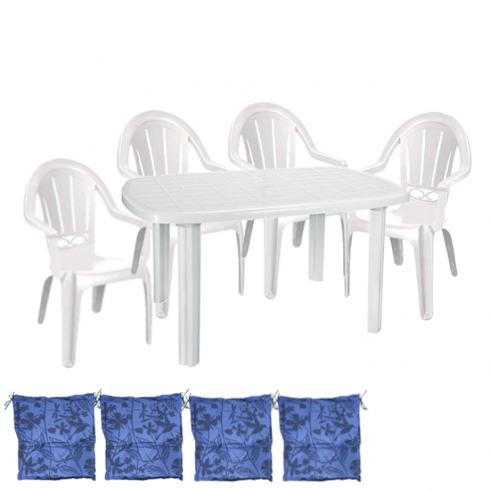 Set mobila gradina CULINARO KARTENA, masa ovala 125x80cm si 4 scaune FESTIVAL 53x50xh89cm cu perne, plastic alb