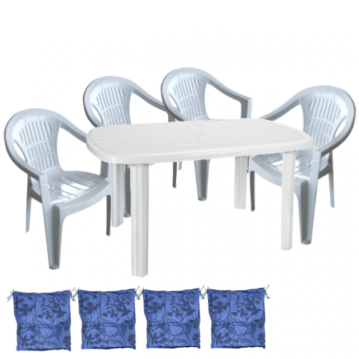 Set mobila gradina CULINARO KARTENA, masa ovala 125x80cm si 4 scaune SILVI 53x45xh78cm cu perne, plastic alb