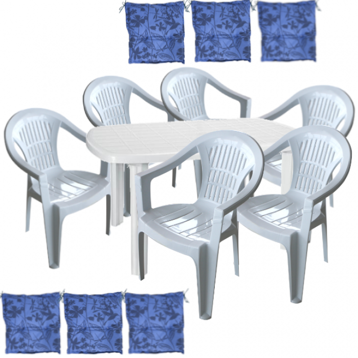 Set mobila gradina CULINARO KARTENA, masa ovala 125x80cm si 6 scaune SILVI 53x45xh78cm cu perne, plastic alb