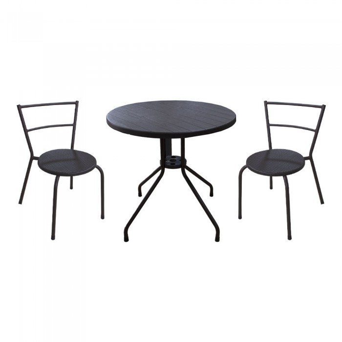 Set mobila pentru balcon RAKI, masa D80xh74cm aspect lemn si 2 scaune 53x49xh76cm aspect ratan, maro, plastic/metal