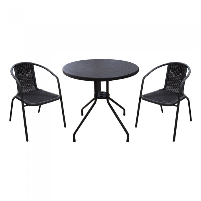 Set mobila pentru balcon RAKI, masa D80xh74cm aspect lemn si 2 scaune Campman 54x59xh73cm aspect ratan, maro, plastic/metal