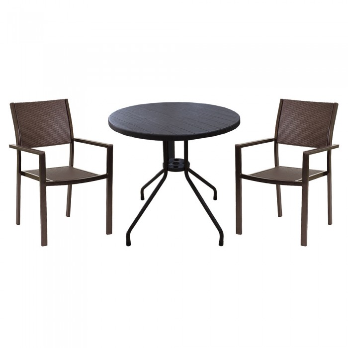 Set mobila pentru balcon RAKI, masa D80xh74cm aspect lemn si 2 scaune cu brate 58x53xh88cm aspect ratan, maro, plastic/metal