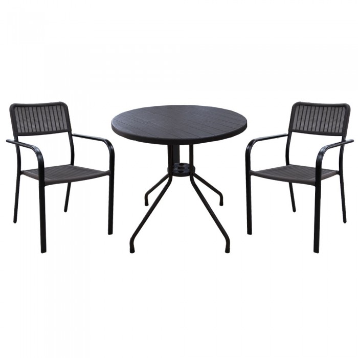 Set mobila pentru balcon RAKI, masa D80xh74cm aspect lemn si 2 scaune cu brate Campman 55,5x54xh80cm, maro, plastic/metal