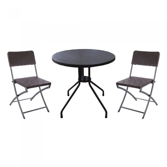 Set mobila pentru balcon RAKI, masa D80xh74cm aspect lemn si 2 scaune pliabile 57x44xh80cm aspect ratan, maro, plastic/metal