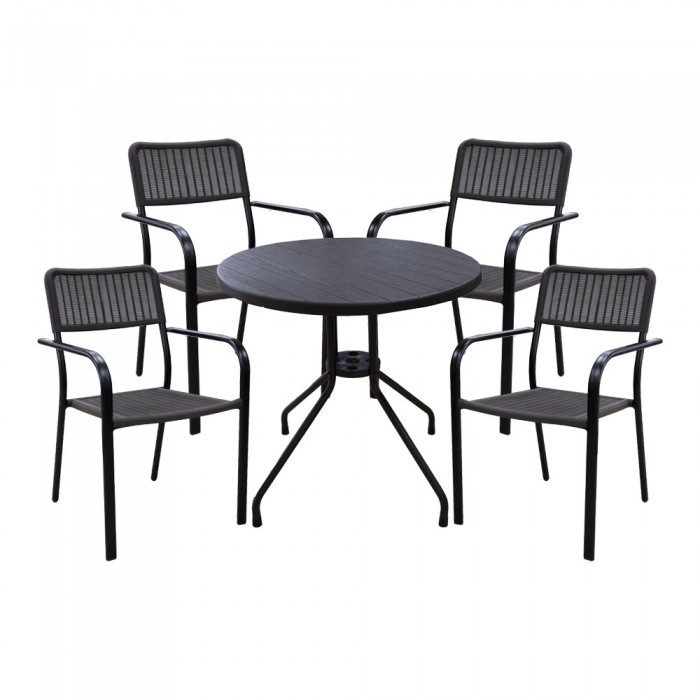 Set mobila pentru balcon RAKI, masa D80xh74cm aspect lemn si 4 scaune cu brate Campman 55,5x54xh80cm, maro, plastic/metal