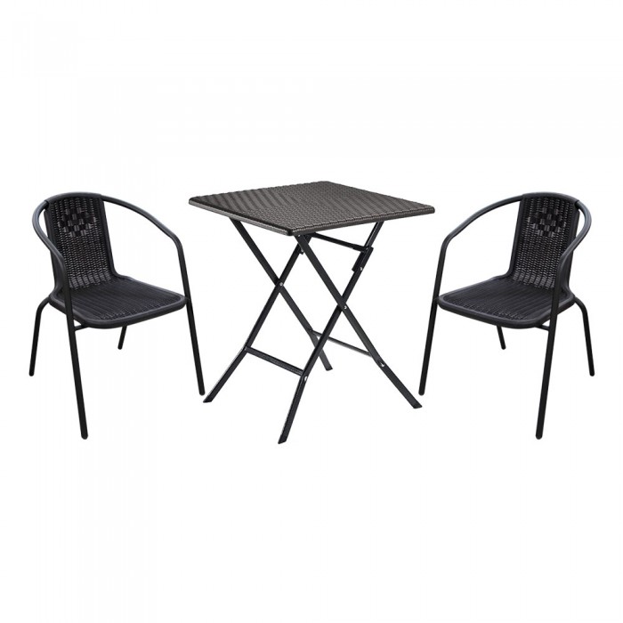 Set mobila pentru balcon RAKI, masa patrata pliabila 62x62xh74cm si 2 scaune Campman 54x59xh73cm, aspect ratan, maro, plastic/metal