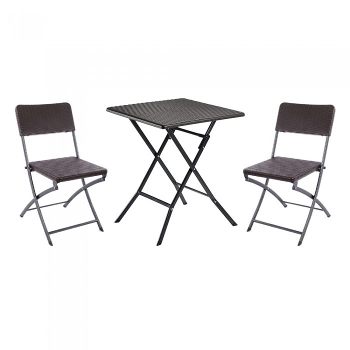 Set mobila pentru balcon RAKI, masa patrata pliabila 62x62xh74cm si 2 scaune pliabile 57x44xh80cm, aspect ratan, maro, plastic/metal