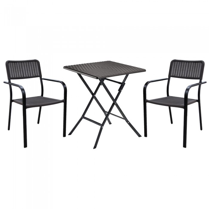 Set mobila pentru balcon RAKI, masa patrata pliabila aspect ratan 62x62xh74cm si 2 scaune cu brate Campman 55,5x54xh80cm, maro, plastic/metal
