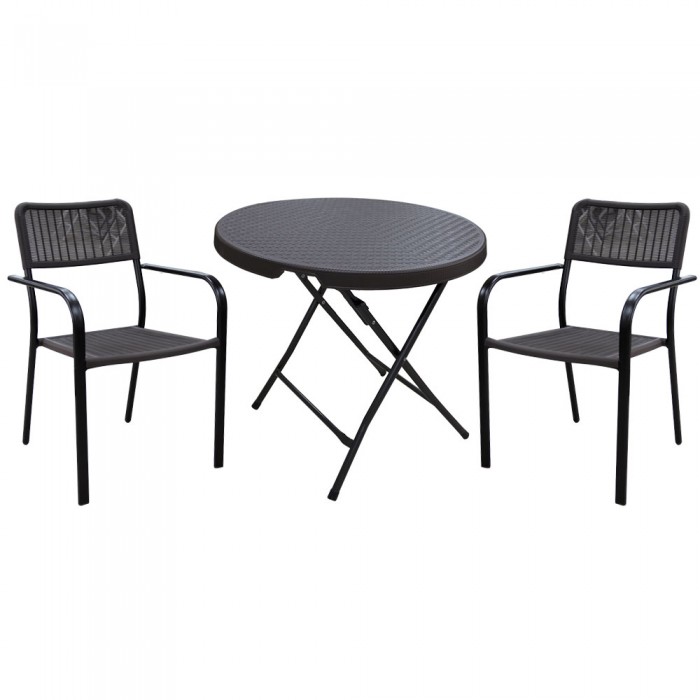 Set mobila pentru balcon RAKI, masa pliabila aspect ratan D80xh74cm si 2 scaune cu brate Campman 55,5x54xh80cm, maro, plastic/metal