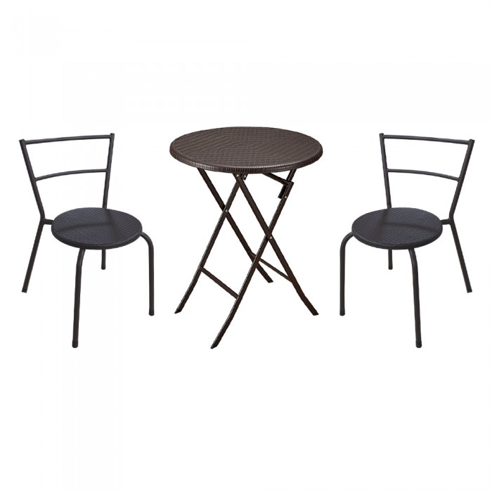 Set mobila pentru balcon RAKI, masa pliabila D60xh74cm si 2 scaune 53x49xh76cm, aspect ratan, maro, plastic/metal