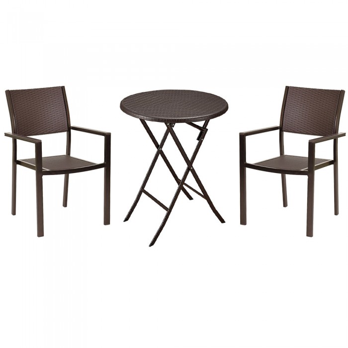 Set mobila pentru balcon RAKI, masa pliabila D60xh74cm si 2 scaune cu brate 58x53xh88cm, aspect ratan, maro, plastic/metal